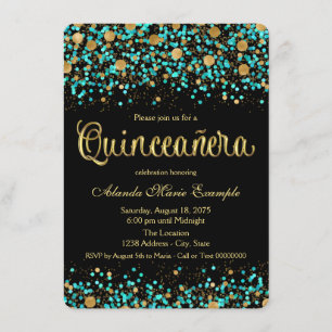 Convites Quinceanera Azul Turquesa e Dourado