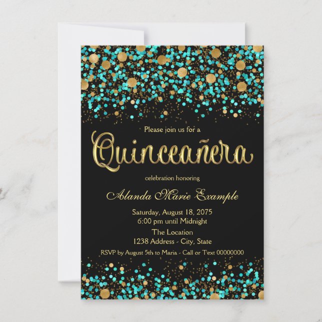 Convites Quinceanera Azul Turquesa e Dourado (Frente)