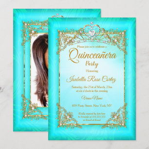 Convites Quinceanera Azul turquesa pérola foto Tiara dourad