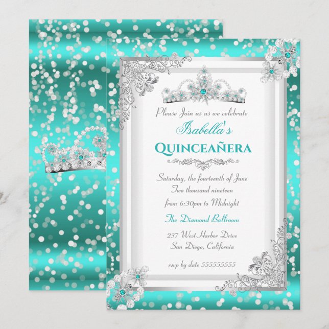 Convites Quinceanera Azul Turquesa Prata Tiara de Floco de  (Frente/Verso)