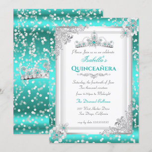 Convites Quinceanera Azul Turquesa Prata Tiara de Floco de 