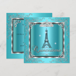 Convites Quinceanera Azul Turquesa Tiara de Prata Torre Eif