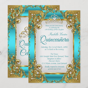 Convites Quinceanera Azul Turquesa Tiara Dourada Pérola Fes