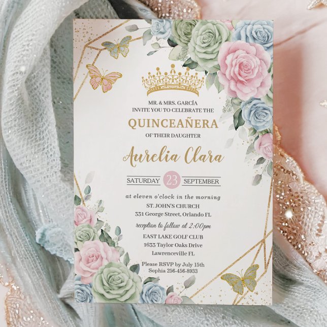 Convites Quinceañera Azul Verde Cor-de-Rosa Cor-de-Cinzento (Criador carregado)
