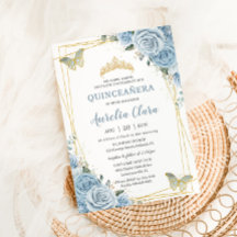 Quinceañera Baby Blue Borboletas Douradas Florais 