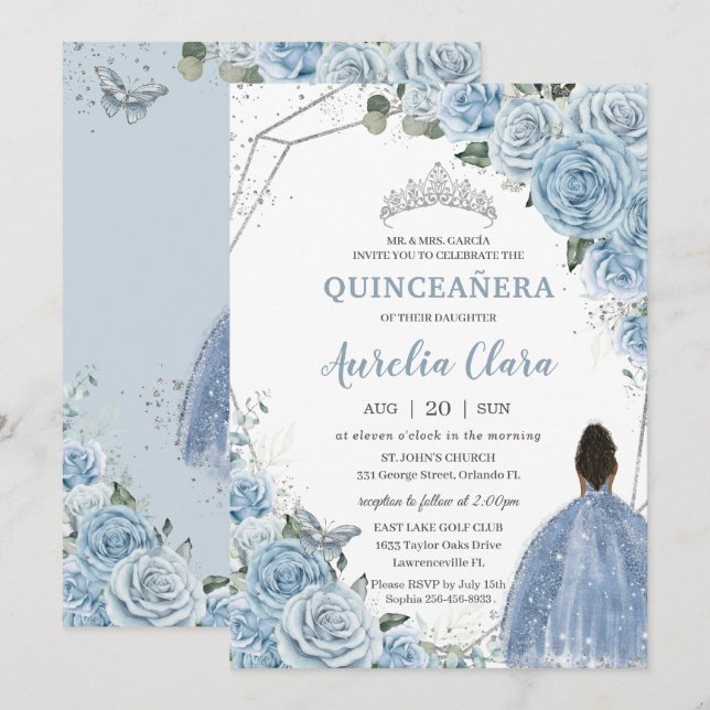 Convites Quinceañera Baby Blue Floral Brown Princess 15 (Frente/Verso)