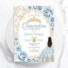 Convites Quinceanera Baby Blue Floral Dourado