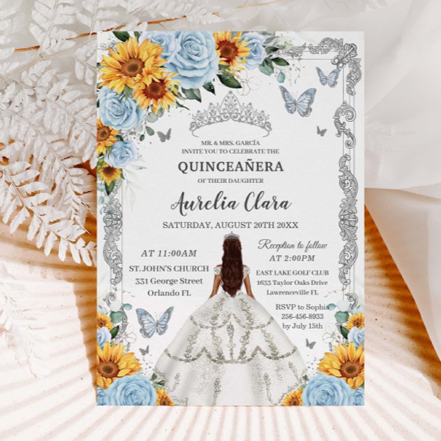Convites Quinceañera Baby Blue Floral Girassóis Silver (Criador carregado)