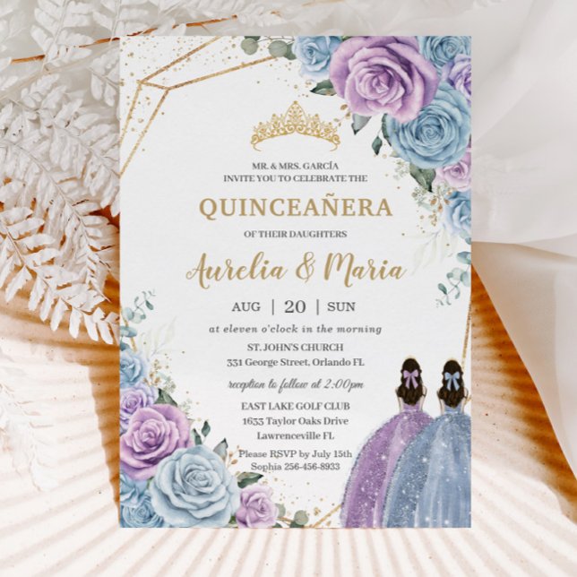 Convites Quinceañera Baby Blue Lilac Roxo Gêmeas Florais (beautiful baby blue lilac floral twins Quinceañera Sweet 16 birthday printed invitation cards )
