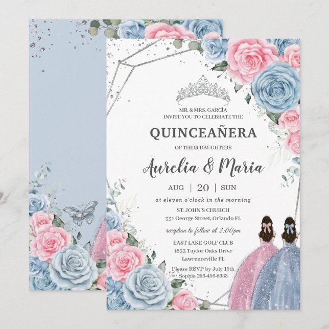 Convites Quinceañera Baby Blue Pink Gêmeas Florais Silver (Frente/Verso)