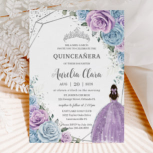 Convites Quinceañera Baby Blue Purple Lilver Prata Floral