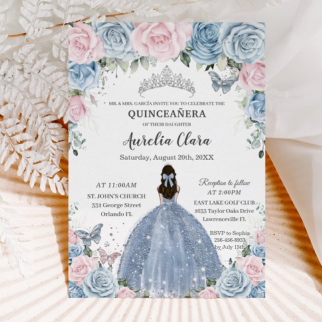 Convites Quinceañera Baby Blue Rosa Floral Princesa (Criador carregado)