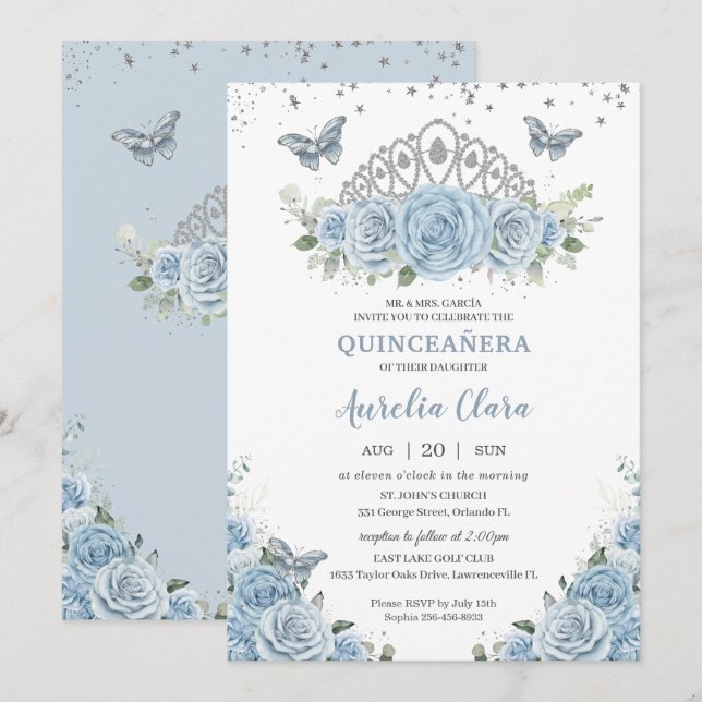 Convites Quinceañera Baby Blue Rosa Floral Silver Crown (Frente/Verso)