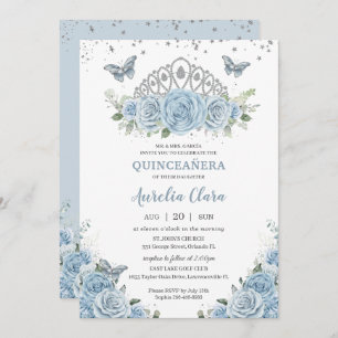 Convites Quinceañera Baby Blue Rosa Floral Silver Crown