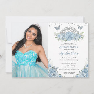 Convites Quinceañera Baby Blue Rosas Silver Crown Foto