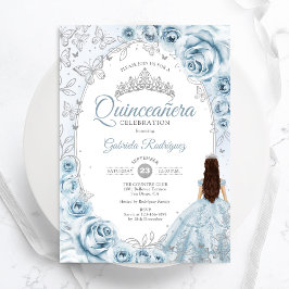 Convites Quinceanera Baby Blue Silver Floral