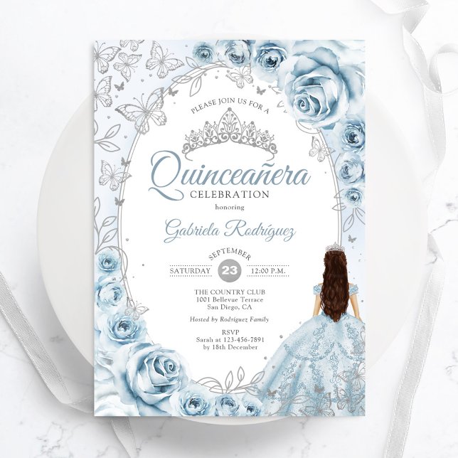 Convites Quinceanera Baby Blue Silver Floral (Criador carregado)