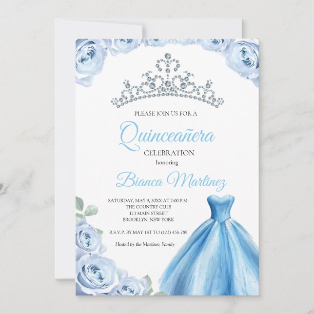 Convites Quinceanera Baby Blue Vress Mis Quince (Frente)