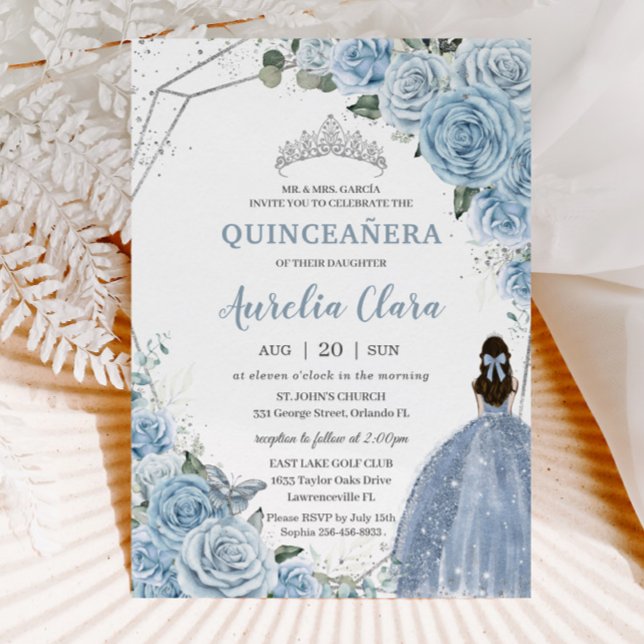 Convites Quinceañera Baby Soft Blue Floral Princesa 15 Años (Criador carregado)