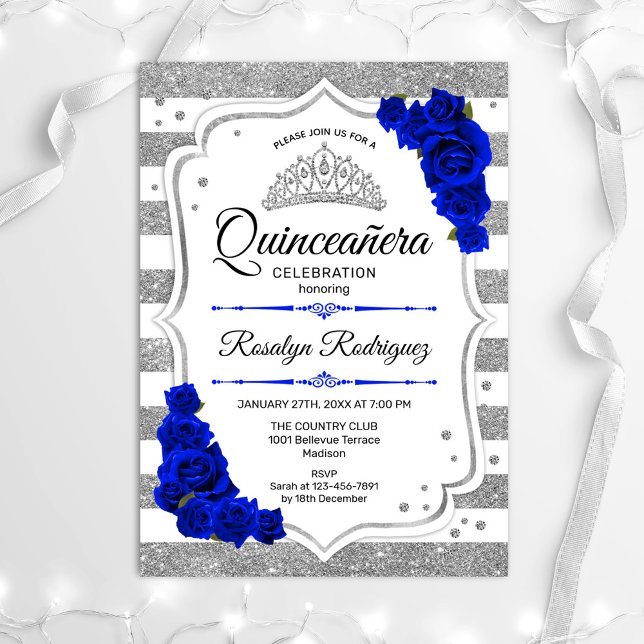 Convites Quinceanera - Bandas Prateadas Brancas - Azul Real (Criador carregado)