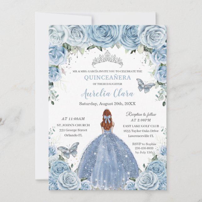 Convites Quinceañera Bebê Azul Floral Cabelo Vermelho Menin (Frente)