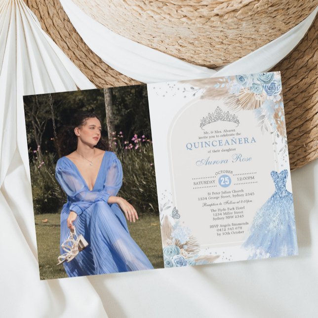 Convites Quinceañera Bebê Azul Prata Boho Mis Quince Anos  (Criador carregado)