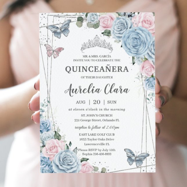 Convites Quinceañera Bebê Azul Rosa Pálido Borboletas Flora (Criador carregado)