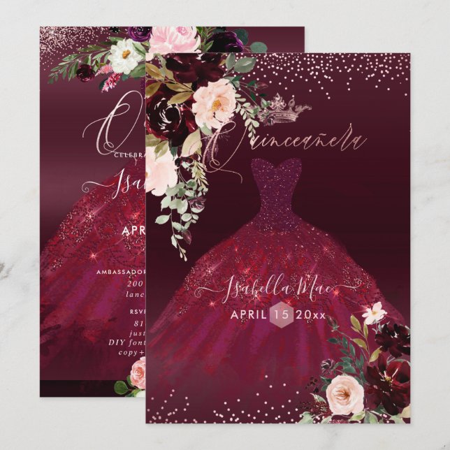 Convites Quinceanera Bege Burgundy Flores Aquarela (Frente/Verso)