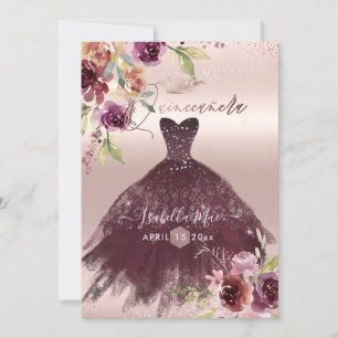 Convites Quinceanera Bege Burgundy Flores Aquarela