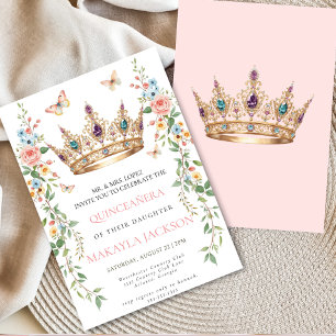 Convites Quinceañera Bege Rosa Floral Borboleta