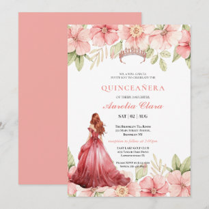 Convites Quinceañera Bege Rosa Floral Borboleta Tiara