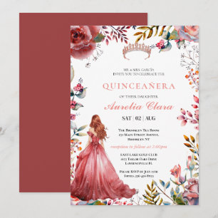 Convites Quinceañera Bege Rosa Floral Borboleta Tiara