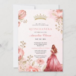 Convites Quinceañera Bege Rosa Floral Borboleta Tiara