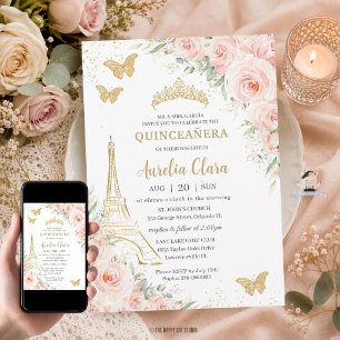 Convites Quinceañera Beijo Floral Paris Eiffel Champagne