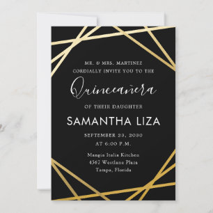 Convites Quinceañera Birthday Black Dourado Modern