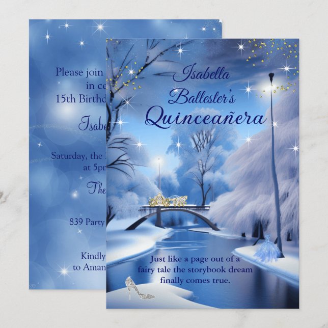 Convites Quinceanera Birthday Blue Fairytalt Carruagem Vest (Frente/Verso)