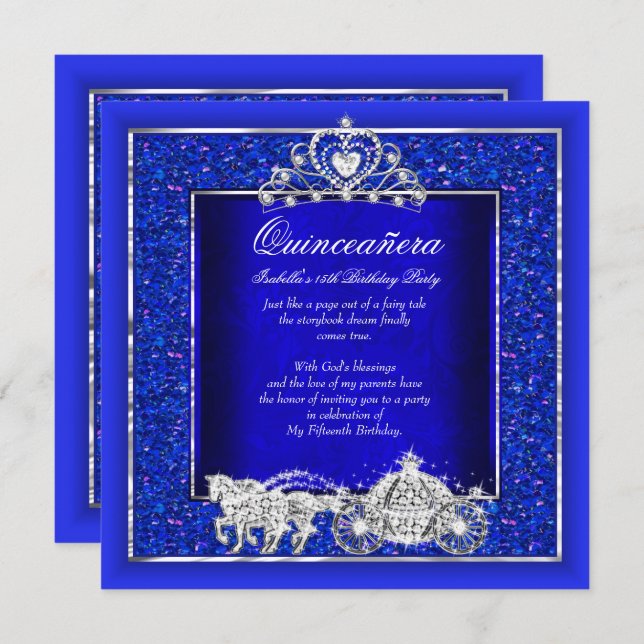 Convites Quinceanera Birthday Carruagem Cavalo Real Azul (Frente/Verso)
