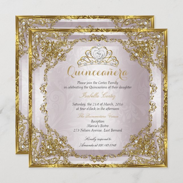 Convites Quinceanera Birthday Dourado Pearl Damask (Frente/Verso)