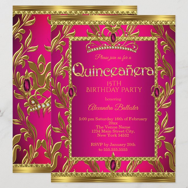 Convites Quinceanera Birthday, Jewel Rosa Quente Tiara Dour (Frente/Verso)