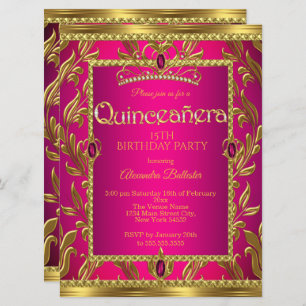 Convites Quinceanera Birthday, Jewel Rosa Quente Tiara Dour