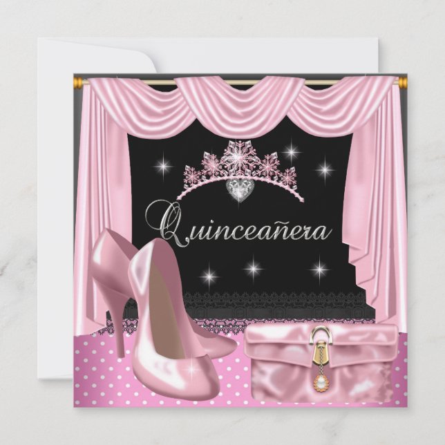 Convites Quinceanera Birthday Pink Preto (Frente)