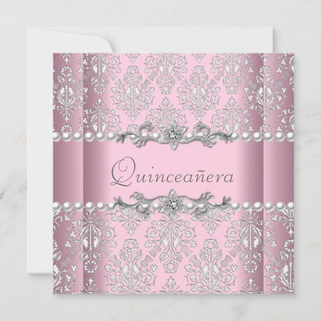 Convites Quinceañera Birthday Pink Silver White Pearace (Frente)