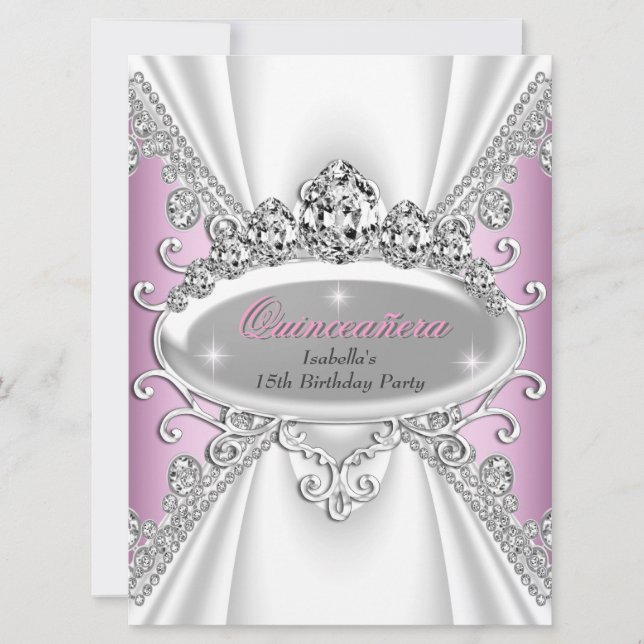 Convites Quinceañera Birthday Princesa Rosa Diamantes Grand (Frente)
