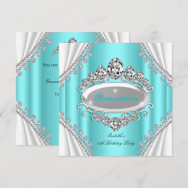 Convites Quinceañera Birthday Princesa Teal Diamond (Frente/Verso)
