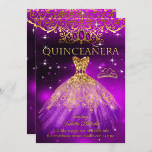 Convites Quinceanera Birthday Purple Magenta Tiara Dourada
