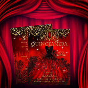 Convites Quinceanera Birthday Red Black Feather Tiara Doura