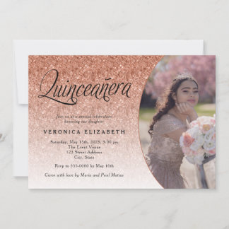 Convites Quinceañera Birthday Rosa Dourada Foto Glitter
