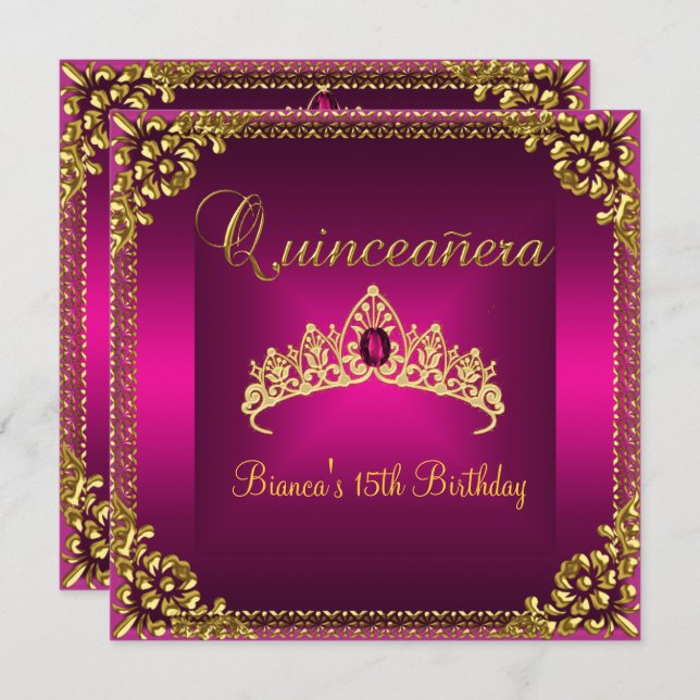 Convites Quinceanera Birthday Rosa Tiara Dourada Gem Jewel (Frente/Verso)