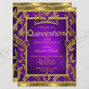 Convites Quinceanera Birthday Roxo Azul Tiara Dourada
