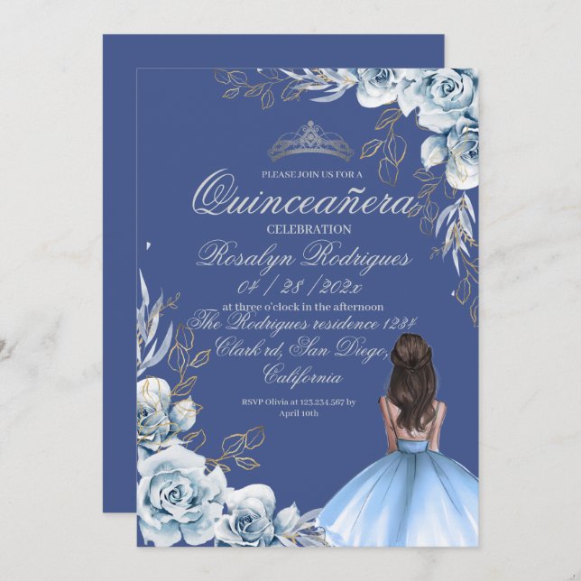 Convites Quinceañera Birthday Royal Blue (Frente/Verso)